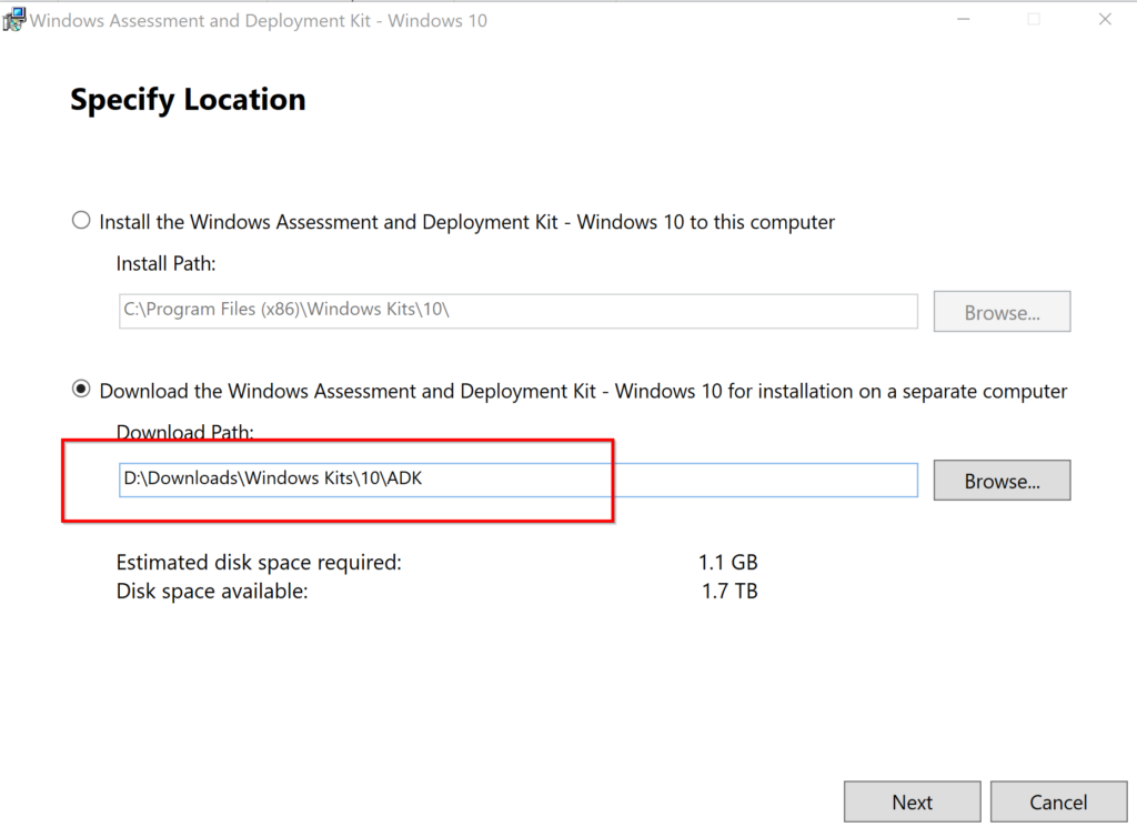 Installation of ADK for Windows 10 (version 1809) Configuration