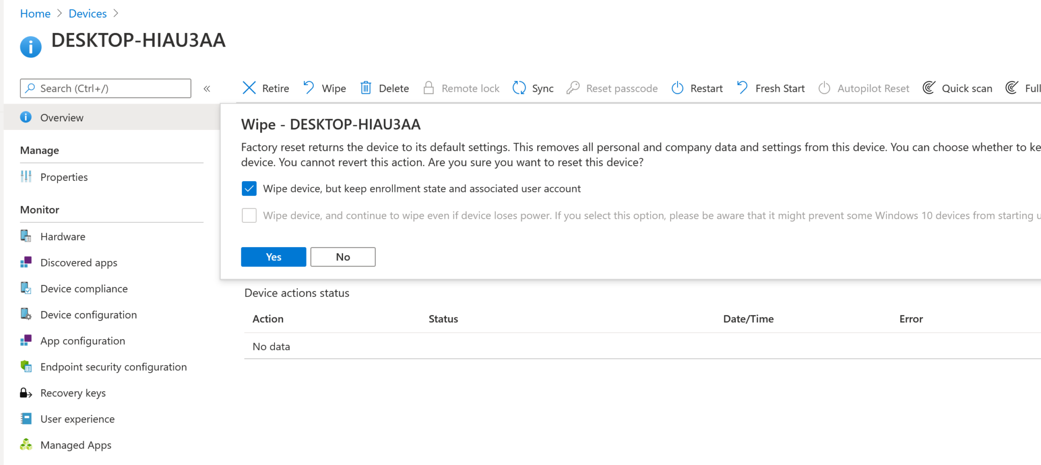 Wipe Device through Intune Admin Center portal Configuration Manager