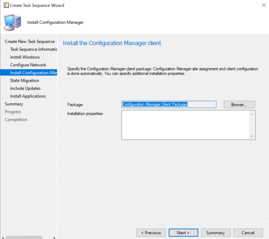 Specify the configuration manager client package