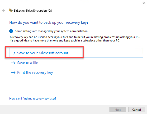 recovery key Save to your Microsoft account