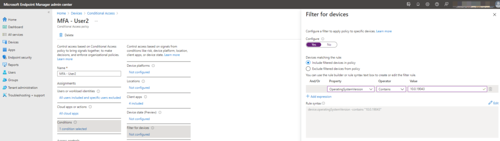 Conditional Access Filter for devices