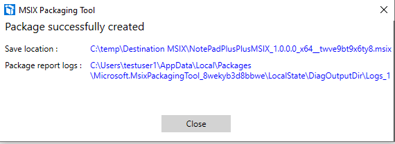 MSIX package successfully created