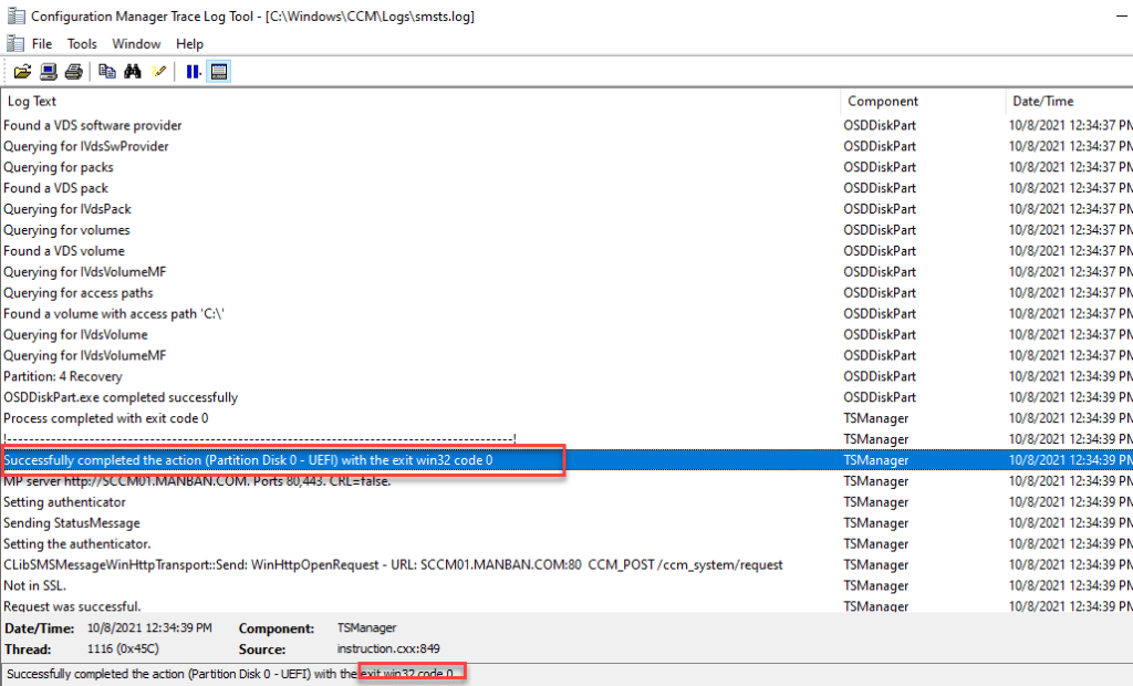 sccm log successfully completed the action