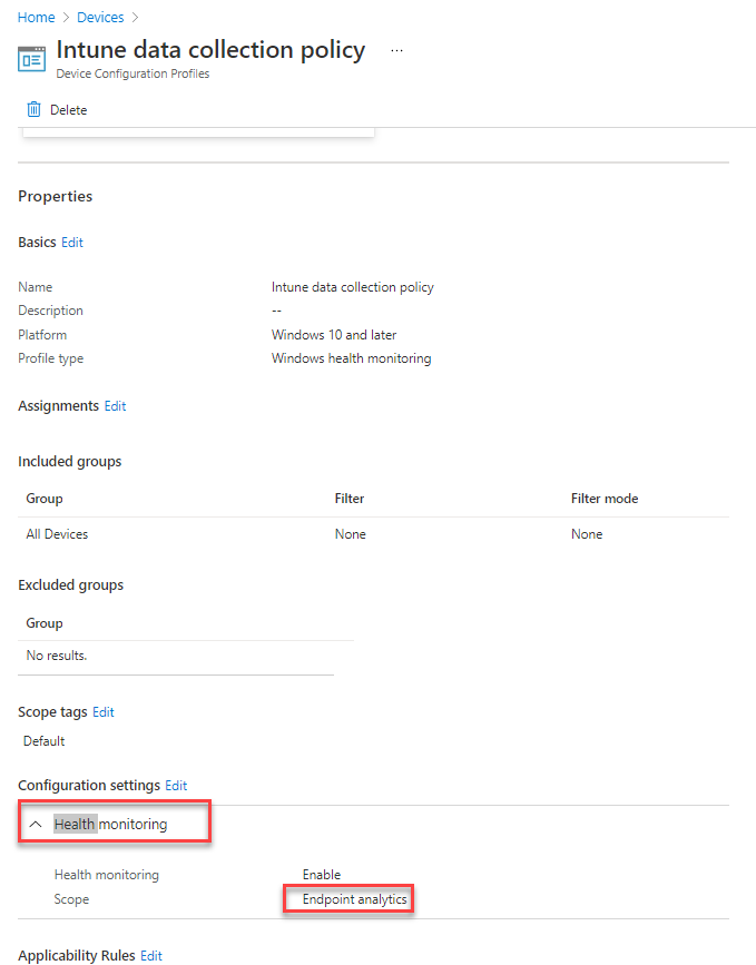 Intune data collection policy Health monitoring