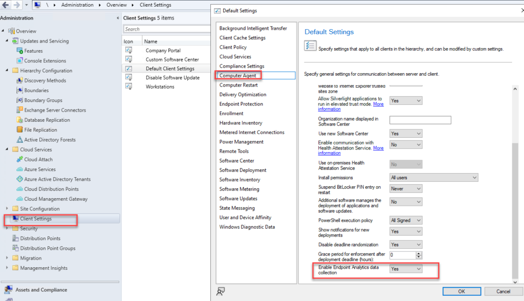 Endpoint Analytics SCCM Client Settings