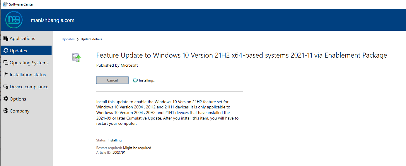 How to upgrade Windows 10 21H2 using Enablement package SCCM