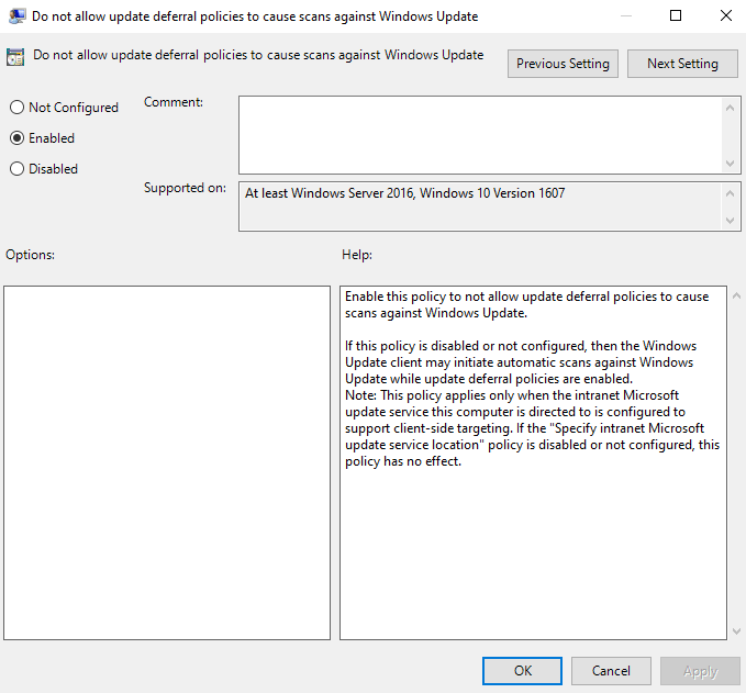 Do not allow update deferral policies to cause scans against windows update