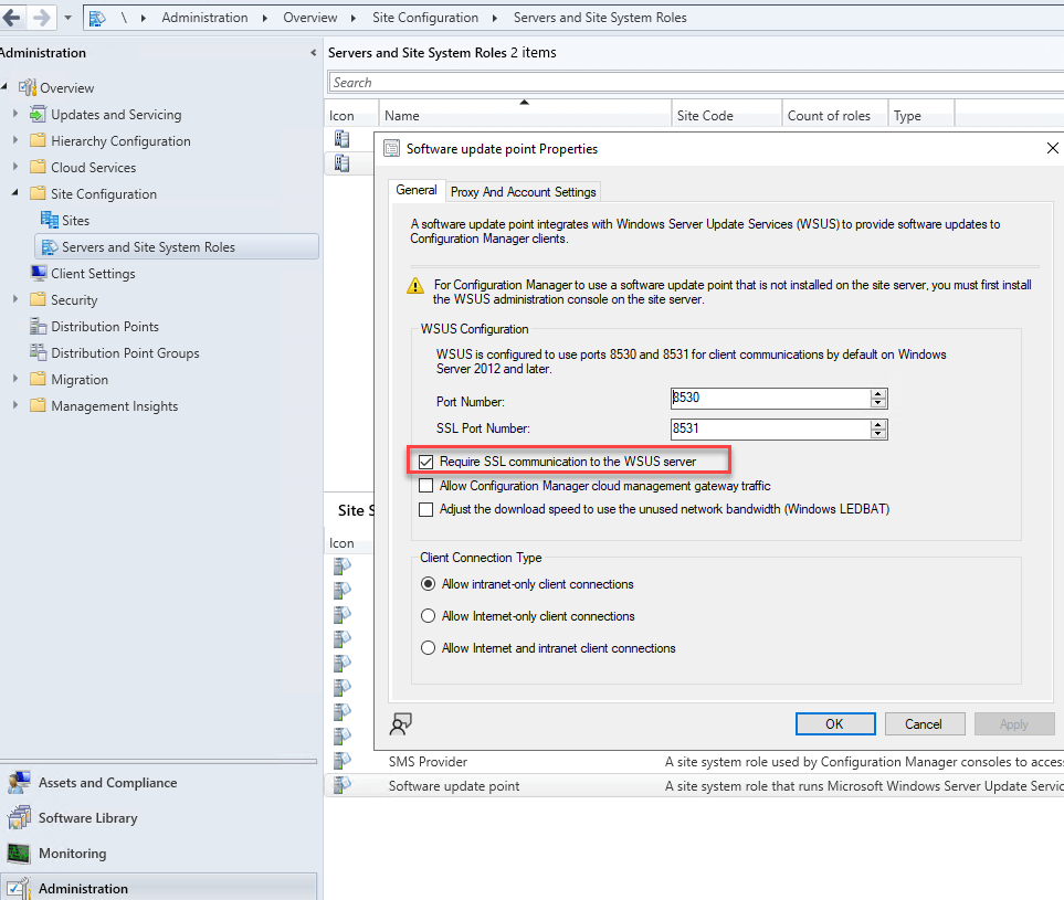 Require SSL communication to the WSUS server