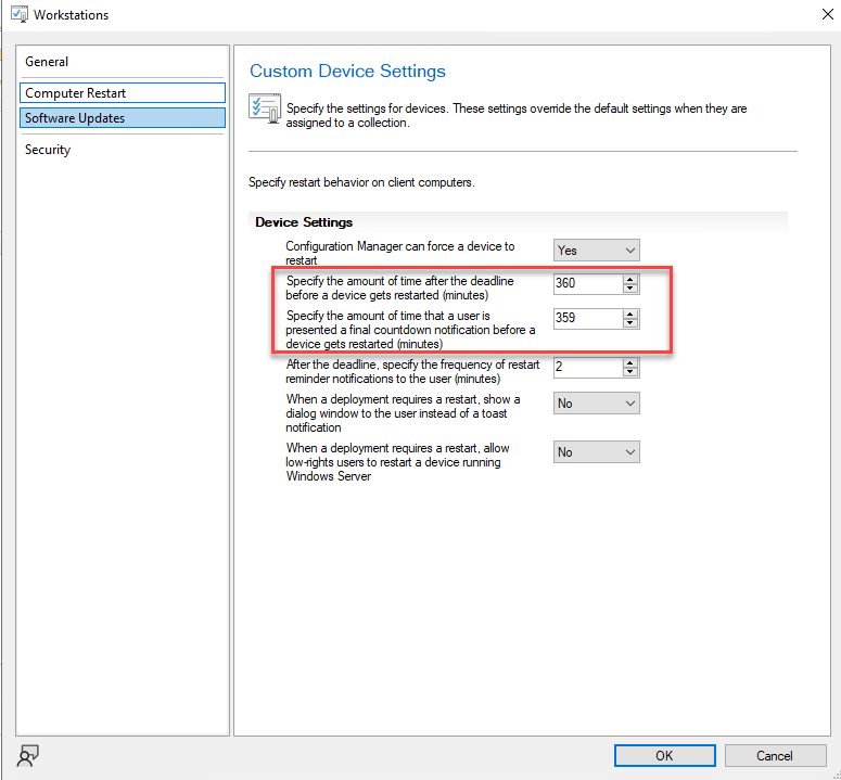 Software update client setting deadline