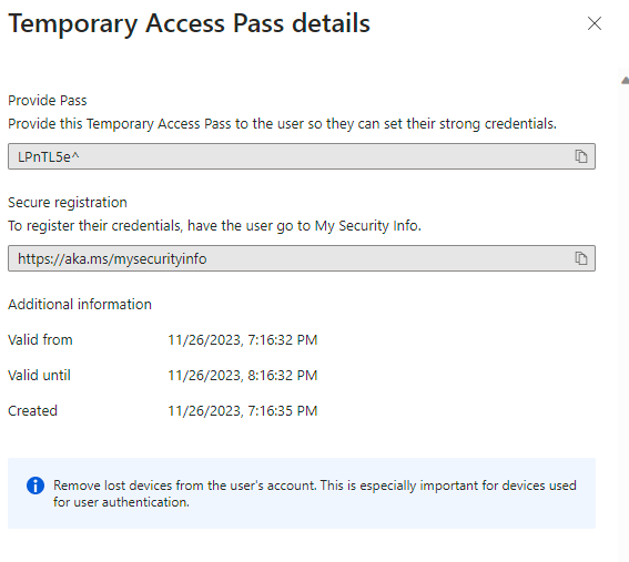 Temporary Access Pass details